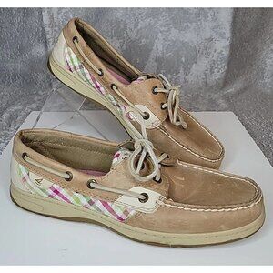 Sperry Top Sider Women's Boat Shoes Size 9.5 Tan Leather Pink Madras Plaid, EUC!